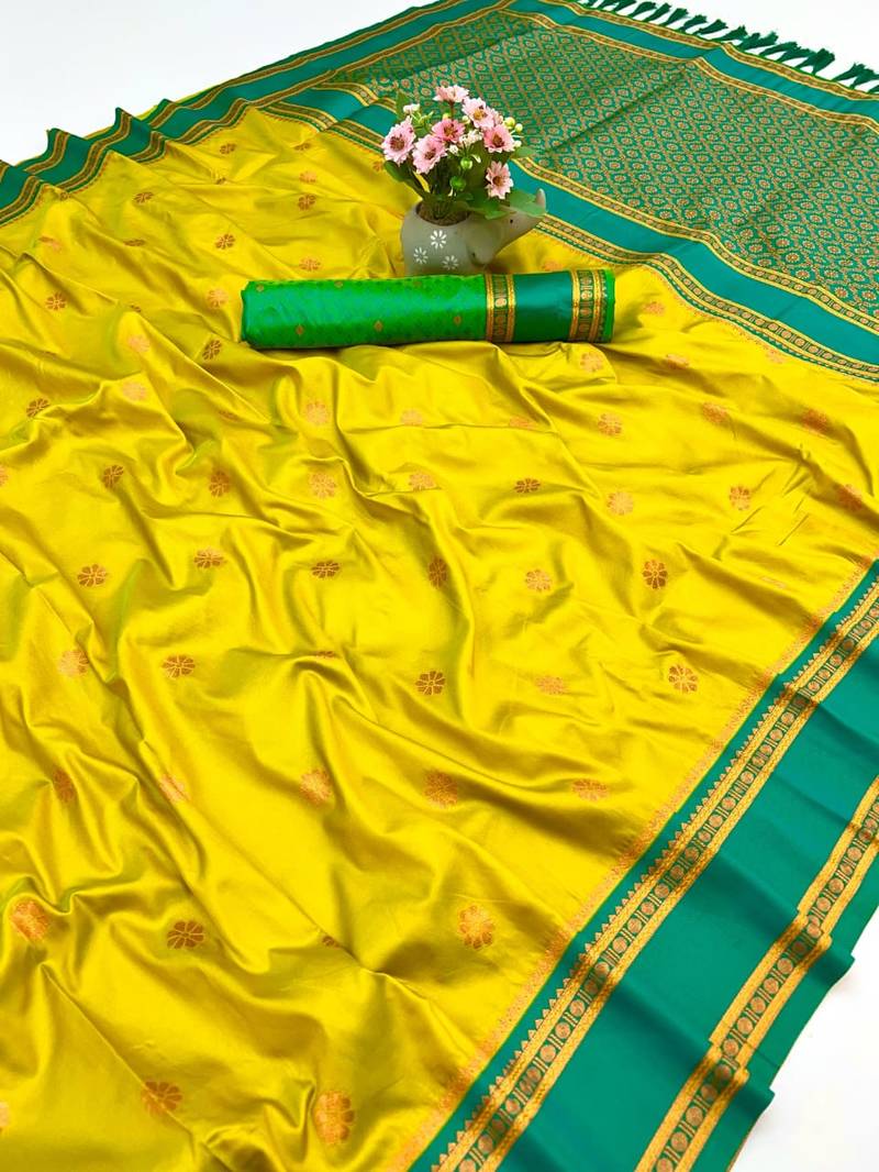 Lemon soft silk saree with dual zari motifs, narayan border & contrast pallu