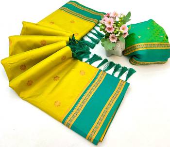 Lemon soft silk saree with dual zari motifs, narayan border & contrast pallu 2