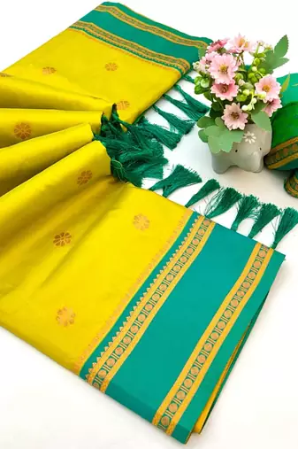 Lemon soft silk saree with dual zari motifs, narayan border & contrast pallu