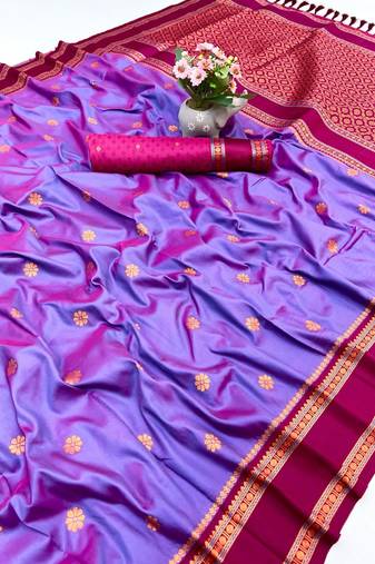 Light lavender soft silk saree with dual zari motifs, narayan border & contrast pallu