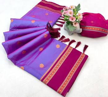 Light lavender soft silk saree with dual zari motifs, narayan border & contrast pallu 2