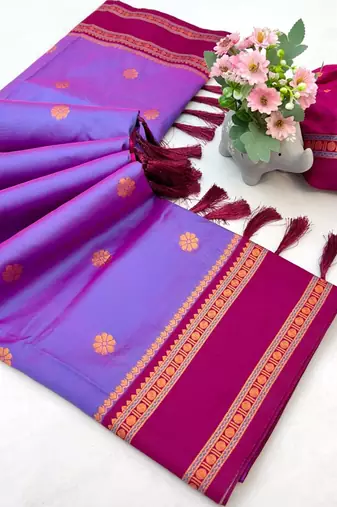 Light lavender soft silk saree with dual zari motifs, narayan border & contrast pallu