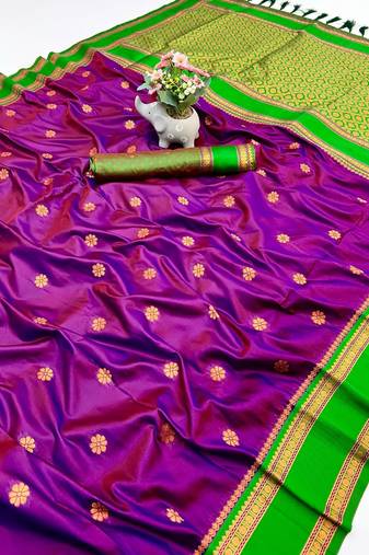 Wine soft silk saree with dual zari motifs, narayan border & contrast pallu