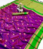 Wine soft silk saree with dual zari motifs, narayan border & contrast pallu