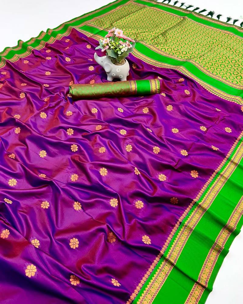Wine soft silk saree with dual zari motifs, narayan border & contrast pallu