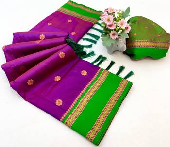 Wine soft silk saree with dual zari motifs, narayan border & contrast pallu 2