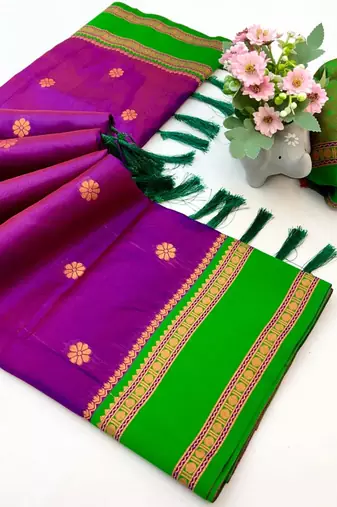Wine soft silk saree with dual zari motifs, narayan border & contrast pallu