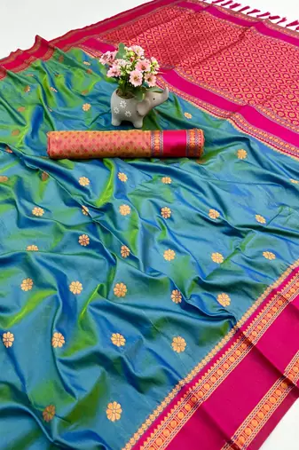 Teal soft silk saree with dual zari motifs, narayan border & contrast pallu