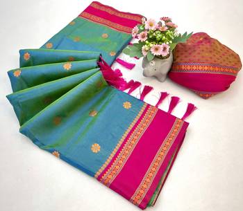 Teal soft silk saree with dual zari motifs, narayan border & contrast pallu 2