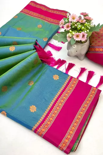 Teal soft silk saree with dual zari motifs, narayan border & contrast pallu