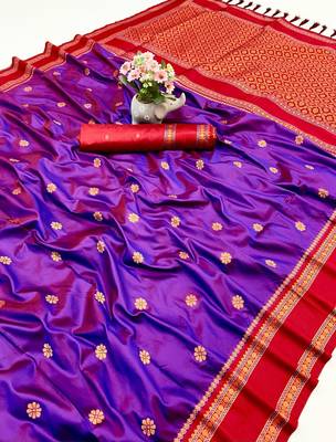 Magenta soft silk saree with dual zari motifs, narayan border & contrast pallu 1