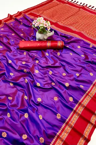 Magenta soft silk saree with dual zari motifs, narayan border & contrast pallu