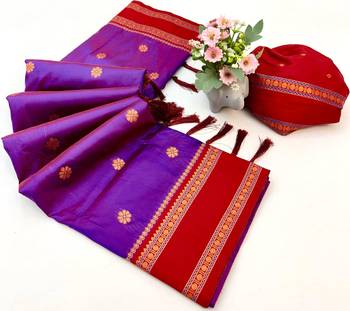 Magenta soft silk saree with dual zari motifs, narayan border & contrast pallu 2