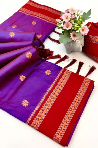Magenta soft silk saree with dual zari motifs, narayan border & contrast pallu