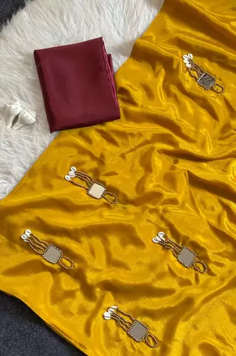 Mustard Color Real Mirror Moti Latkan & kawdi  Work Chinnon Saree