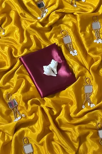 Mustard Color Real Mirror Moti Latkan & kawdi  Work Chinnon Saree