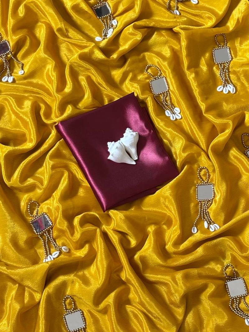 Mustard Color Real Mirror Moti Latkan & kawdi  Work Chinnon Saree