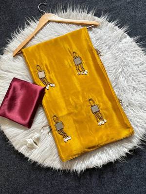 Mustard Color Real Mirror Moti Latkan & kawdi  Work Chinnon Saree 3