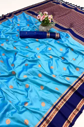Sky blue soft silk saree with dual zari motifs, narayan border & contrast pallu