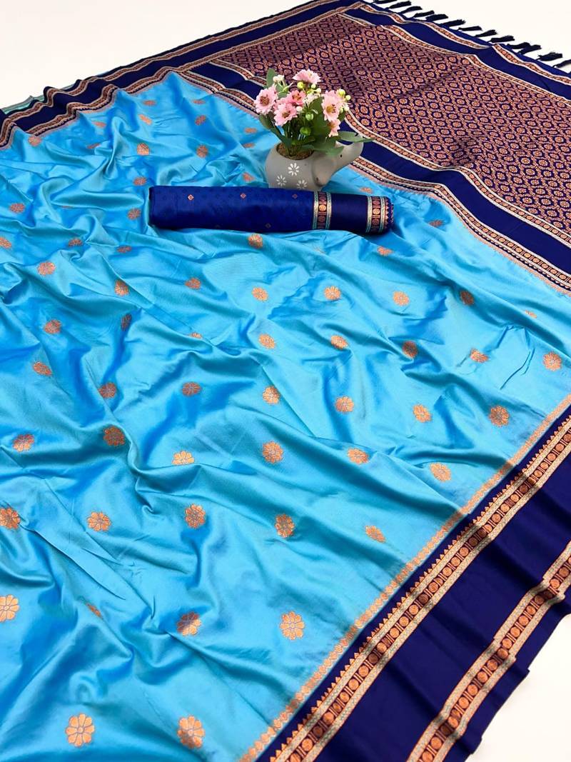 Sky blue soft silk saree with dual zari motifs, narayan border & contrast pallu