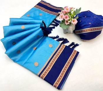 Sky blue soft silk saree with dual zari motifs, narayan border & contrast pallu 2