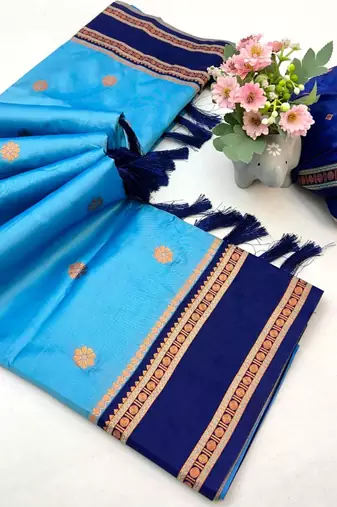 Sky blue soft silk saree with dual zari motifs, narayan border & contrast pallu