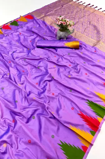 Light lavender soft silk saree with temple border, dual zari motifs & contrast pallu