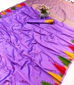Light lavender soft silk saree with temple border, dual zari motifs & contrast pallu