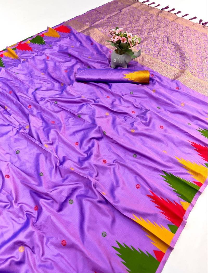 Light lavender soft silk saree with temple border, dual zari motifs & contrast pallu