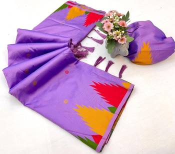 Light lavender soft silk saree with temple border, dual zari motifs & contrast pallu 2