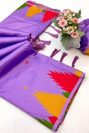 Light lavender soft silk saree with temple border, dual zari motifs & contrast pallu