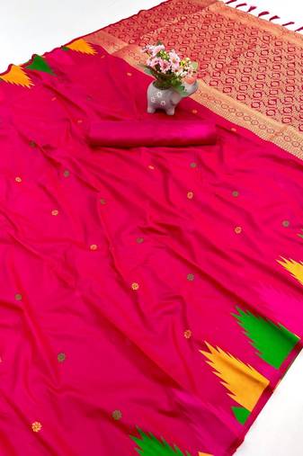 Pink soft silk saree with temple border, dual zari motifs & contrast pallu