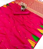 Pink soft silk saree with temple border, dual zari motifs & contrast pallu