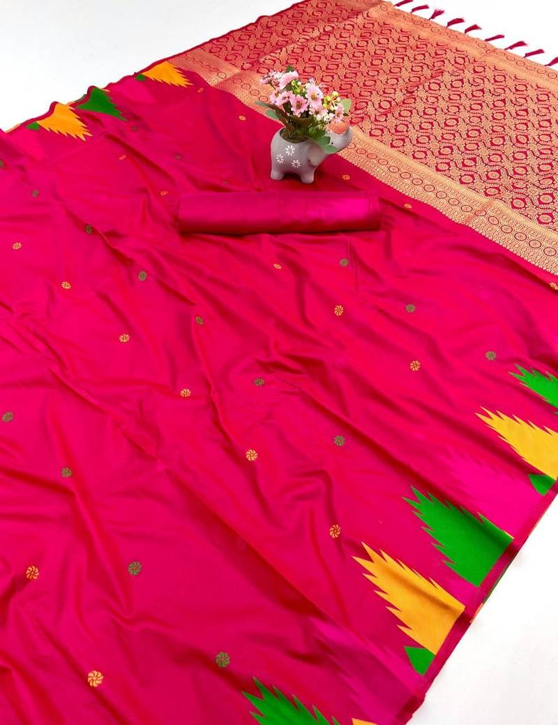 Pink soft silk saree with temple border, dual zari motifs & contrast pallu