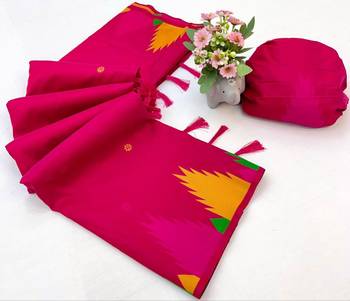 Pink soft silk saree with temple border, dual zari motifs & contrast pallu 2
