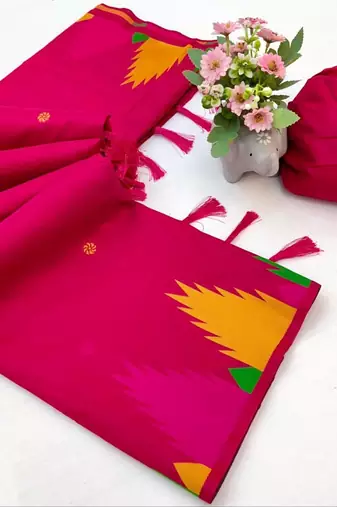 Pink soft silk saree with temple border, dual zari motifs & contrast pallu
