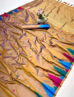 Brown soft silk saree with temple border, dual zari motifs & contrast pallu 1