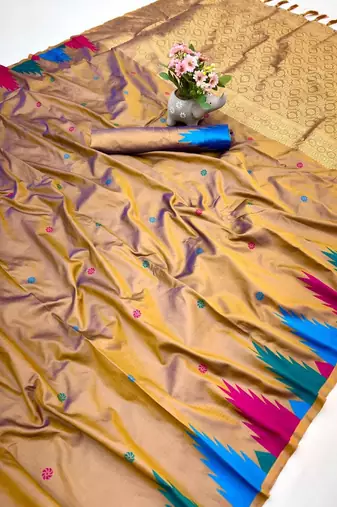 Brown soft silk saree with temple border, dual zari motifs & contrast pallu