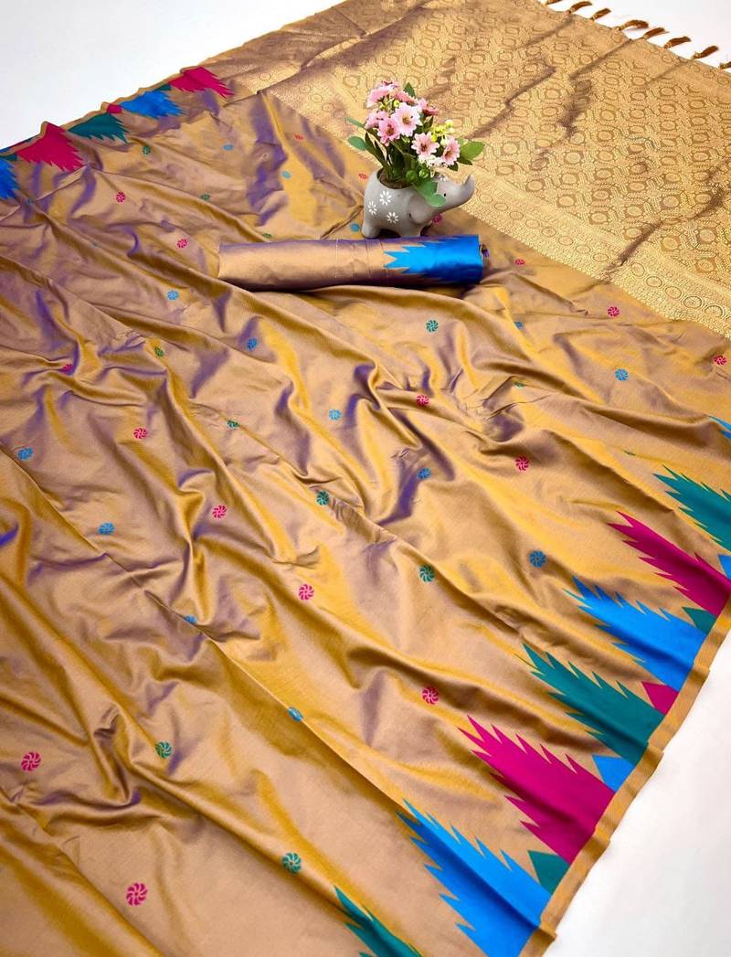 Brown soft silk saree with temple border, dual zari motifs & contrast pallu