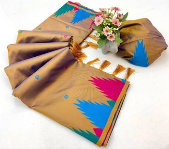 Brown soft silk saree with temple border, dual zari motifs & contrast pallu 2