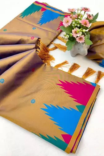Brown soft silk saree with temple border, dual zari motifs & contrast pallu