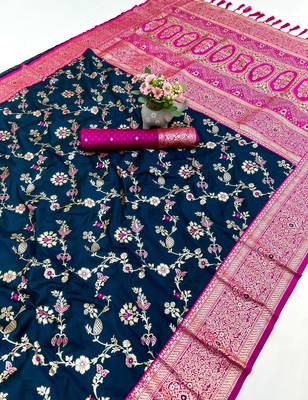 Teal banarasi antique silk saree with silver zari weaving 1