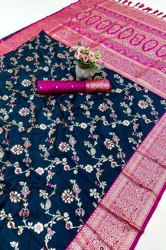 Teal banarasi antique silk saree with silver zari weaving