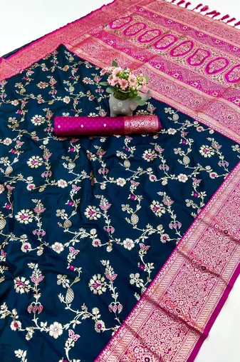 Teal banarasi antique silk saree with silver zari weaving