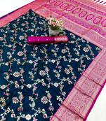 Teal banarasi antique silk saree with silver zari weaving