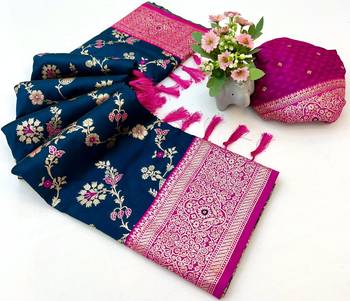 Teal banarasi antique silk saree with silver zari weaving 2