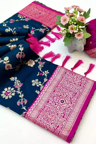 Teal banarasi antique silk saree with silver zari weaving
