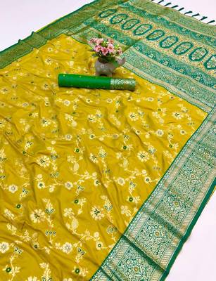 Yellow banarasi antique silk saree with silver zari weaving 1