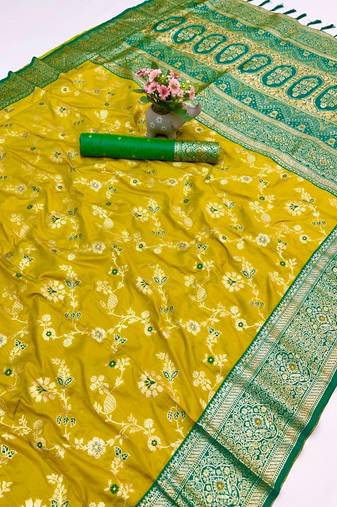 Yellow banarasi antique silk saree with silver zari weaving