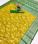 Yellow banarasi antique silk saree with silver zari weaving